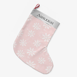 Silver Pink White Snowflakes Christmas  Large Christmas Stocking