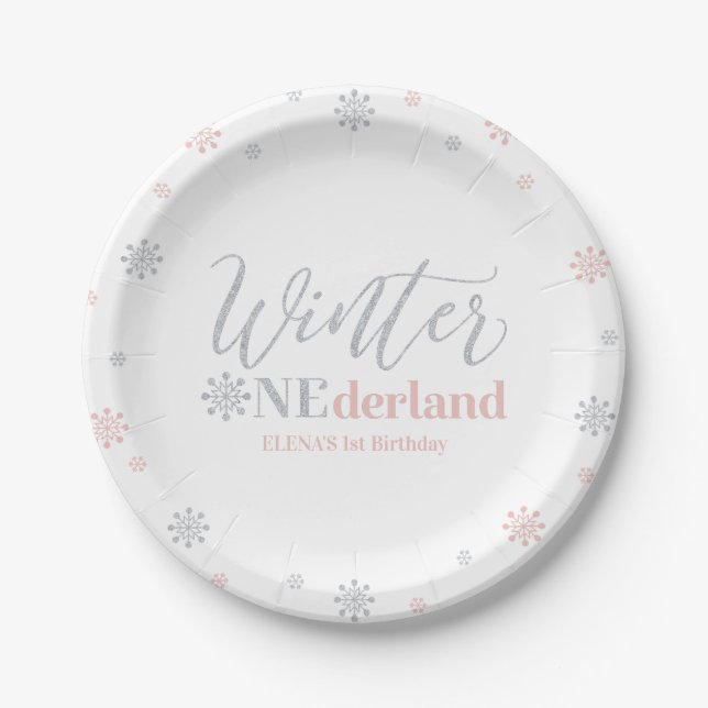 Silver & Pink Winter Onederland 1st Birthday Party Paper Plate (Front)