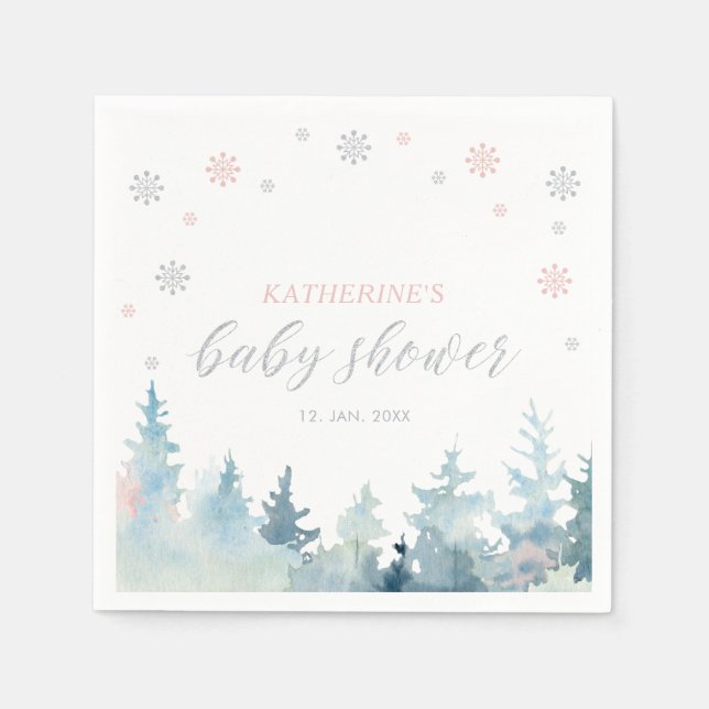 Silver & Pink Winter Wonderland Snow Baby Shower Napkin (Front)