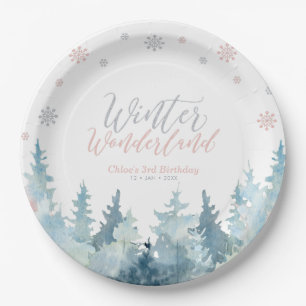 Silver & Pink Winter Wonderland Snowflake Birthday Paper Plate