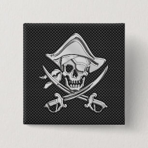 Silver Pirate on Black Carbon Fibre Decor 2 Inch Square Button