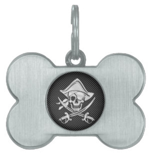 Silver Pirate on Black Carbon Fibre Decor Pet ID Tag