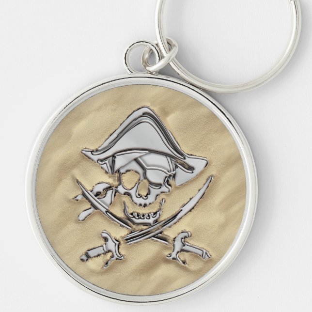 Silver Pirate Skull on the Beach Keychain (Front)