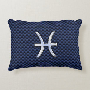 Silver Pisces Zodiac Sign Blue Carbon Fibre Print Decorative Pillow