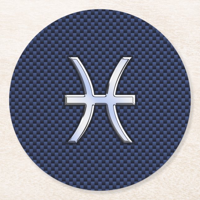 Silver Pisces Zodiac Sign Blue Carbon Fibre Print Round Paper Coaster (Front)