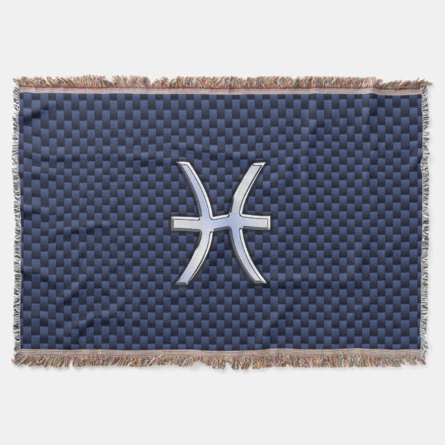 Silver Pisces Zodiac Sign Blue Carbon Fibre Print Throw Blanket (Front)