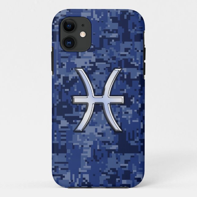 Silver Pisces Zodiac Sign Navy Blue Digital Camo Case-Mate iPhone Case (Back)