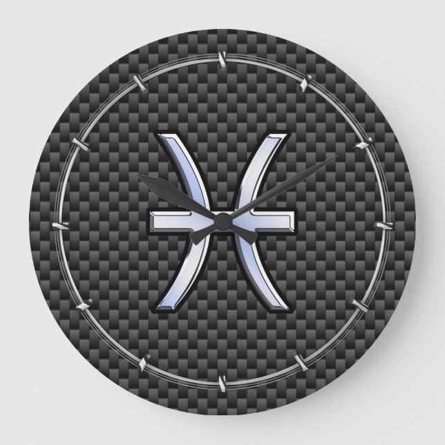 Silver Pisces Zodiac Sign on Carbon Fiber Print Large Clock (Front)