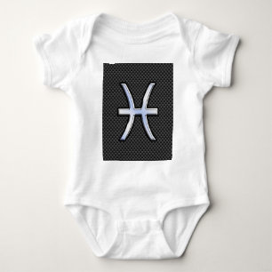 Silver Pisces Zodiac Sign on Carbon Fibre Print Baby Bodysuit