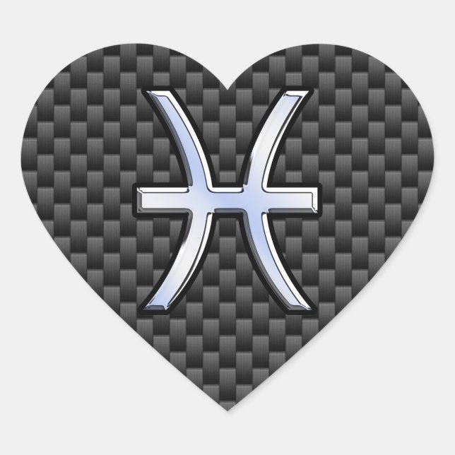 Silver Pisces Zodiac Sign on Carbon Fibre Print Heart Sticker (Front)
