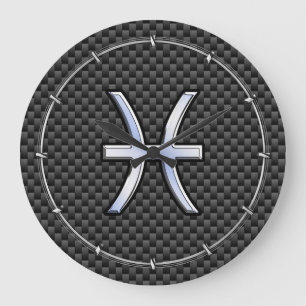 Silver Pisces Zodiac Sign on Carbon Fibre Print Large Clock