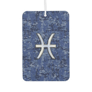 Silver Pisces Zodiac Symbol Navy Blue Digital Camo Air Freshener