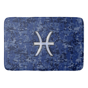 Silver Pisces Zodiac Symbol Navy Blue Digital Camo Bath Mat
