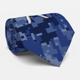 Silver Pisces Zodiac Symbol Navy Blue Digital Camo Tie