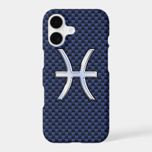 Silver Pisces Zodiac Symbol on Blue Carbon