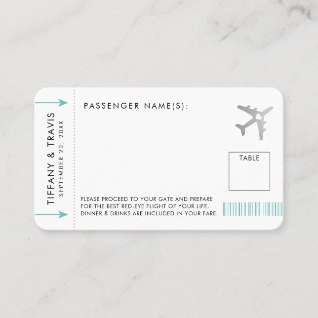 Silver Plane Ticket Boarding Pass Place Card (Front)