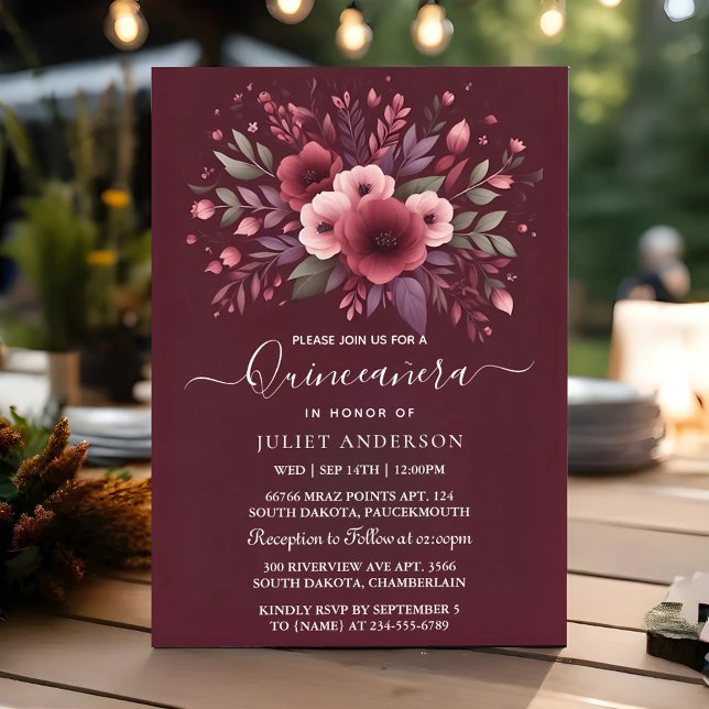 Silver Plum Lace Gown Boho Burgundy Quinceanera Invitation (Creator Uploaded)