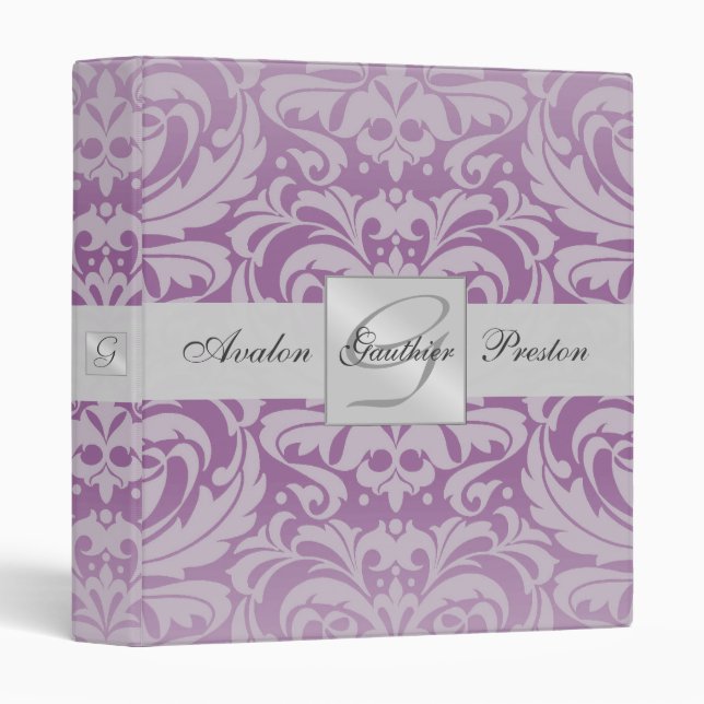 Silver & Plum Monogram Damask Wedding Binder (Front/Spine)