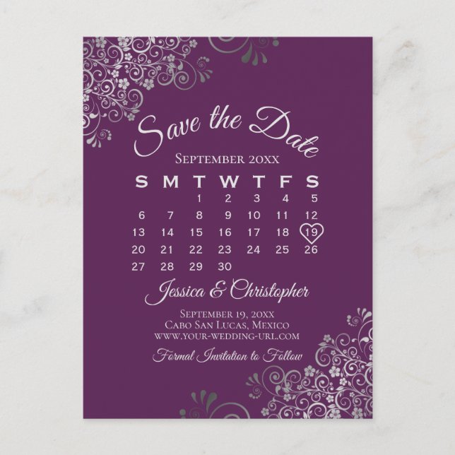 Silver Plum Purple Wedding Save the Date Calendar Announcement Postcard (Front)