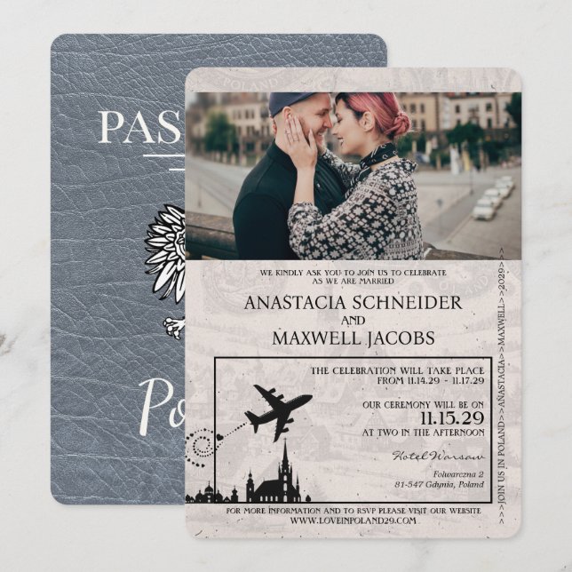 Silver Poland Passport Wedding Invitation (Front/Back)