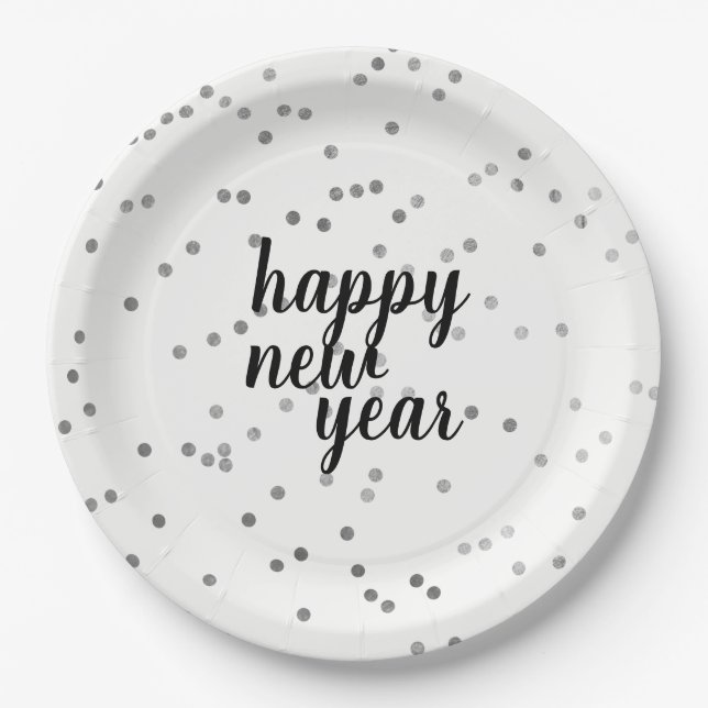 Silver Polka Dot Pattern New Year's Paper Plates (Front)