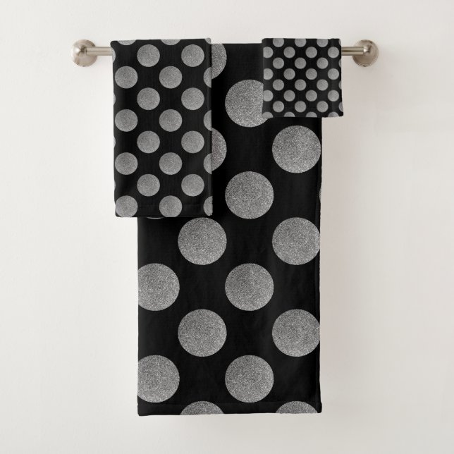 Silver polka dots, glitter retro pattern at black bath towel set (Insitu)