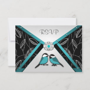 Silver & Pool Blue Love Birds Wedding RSVP Cards