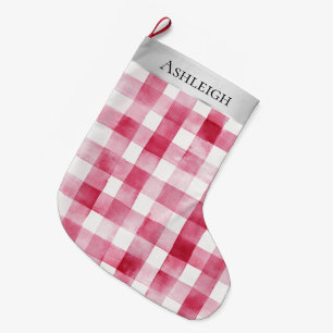 Silver Pretty Chic Pink Plaid Stripes Christmas   Large Christmas Stocking