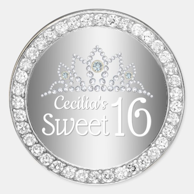 Silver Princess Diamond Tiara Sweet 16 Classic Round Sticker (Front)