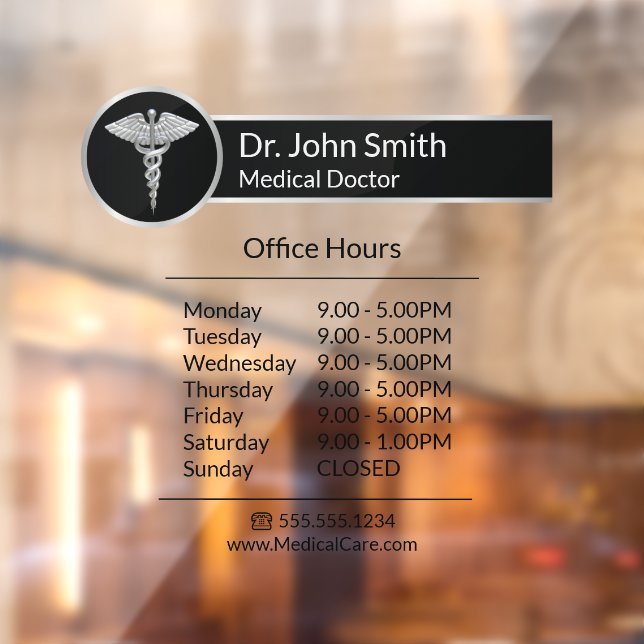 Silver Professional Medical Caduceus Opening Hours Window Cling (Sheet 2)