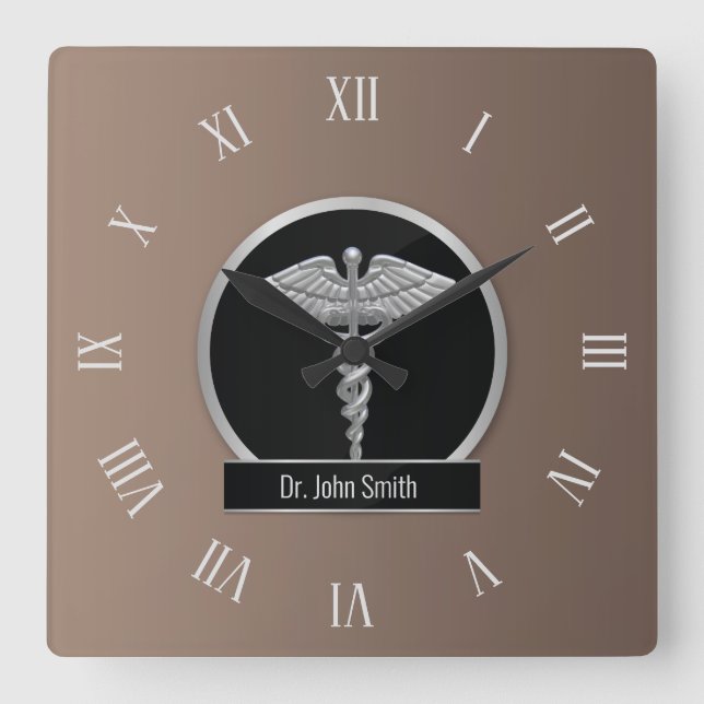 Silver Professional Medical Caduceus Square Wall Clock (Front)