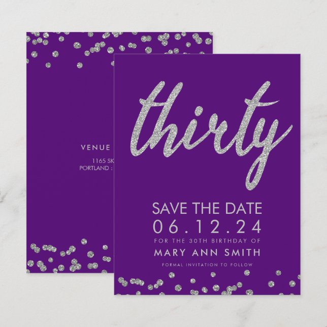 Silver Purple 30th Birthday Save Date Confetti Invitation (Front/Back)