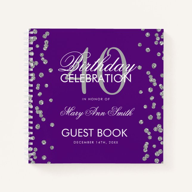 Silver Purple 40th Birthday Guestbook Confetti Notebook (Front)
