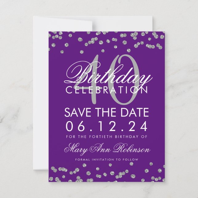 Silver Purple 40th Birthday Save the Date Confetti (Front)