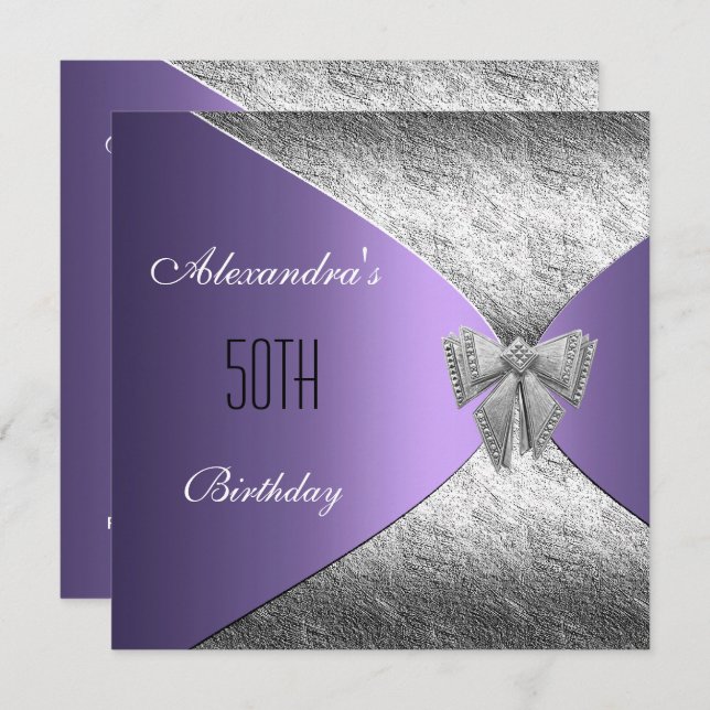 Silver Purple 50th Birthday Invitation Floral (Front/Back)
