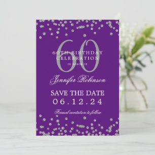Silver Purple 60th Birthday Save Date Confetti Invitation