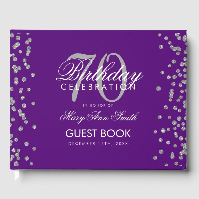Silver Purple 70th Birthday Party Glitter Confetti Guest Book (Front)