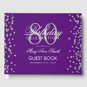 Silver Purple 80th Birthday Party Glitter Confetti Guest Book