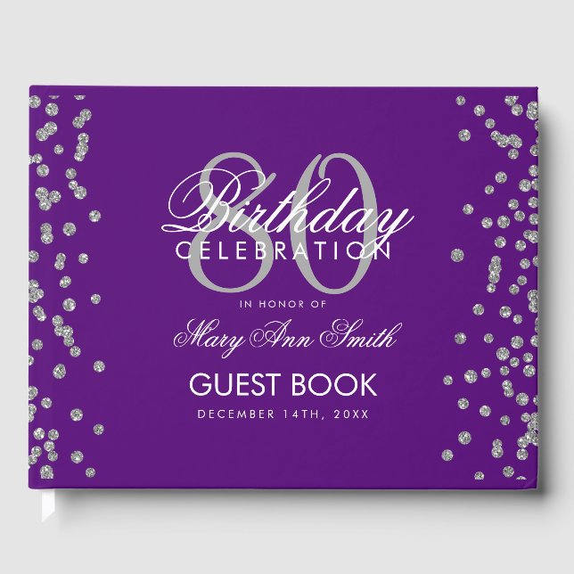 Silver Purple 80th Birthday Party Glitter Confetti Guest Book (Front)