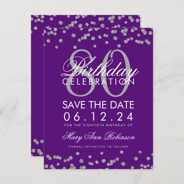Silver Purple 80th Birthday Save Date Confetti Invitation (Front/Back)