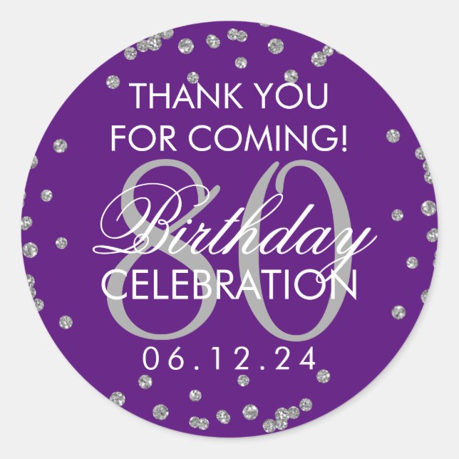Silver Purple 80th Birthday Thank You Glitter Classic Round Sticker (Front)