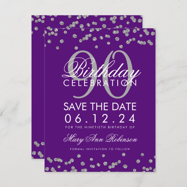 Silver Purple 90th Birthday Save Date Confetti Invitation (Front/Back)