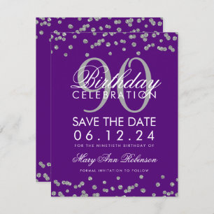 Silver Purple 90th Birthday Save Date Confetti Invitation