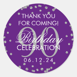 Silver Purple 90th Birthday Thank You Glitter Classic Round Sticker