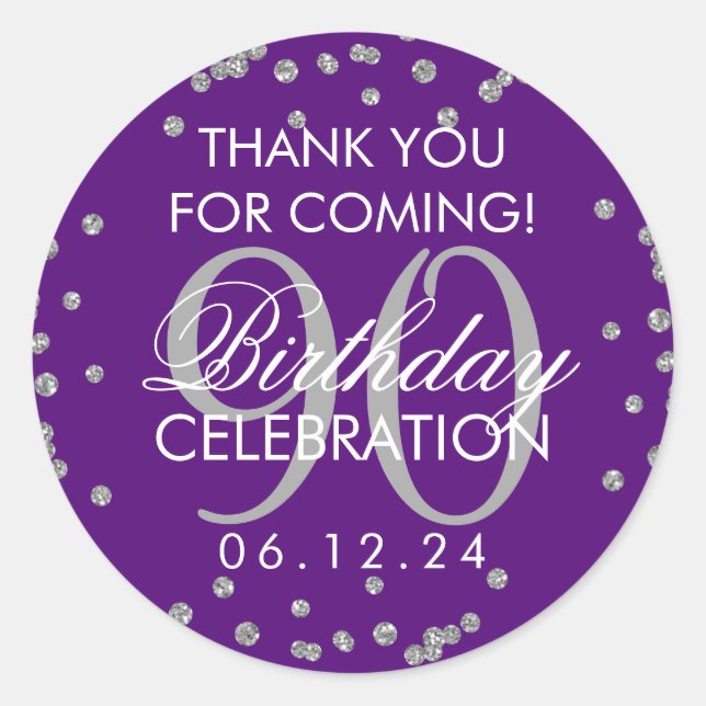 Silver Purple 90th Birthday Thank You Glitter Classic Round Sticker (Front)