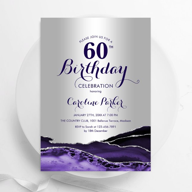Silver Purple Agate 60th Birthday Invitation (Creator Uploaded)