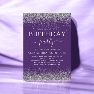 Silver Purple Any Age Birthday Modern Glitter Invitation