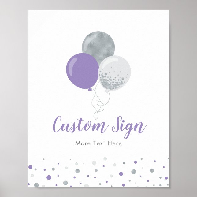 Silver & Purple Balloon Girl Birthday Party Custom Poster (Front)