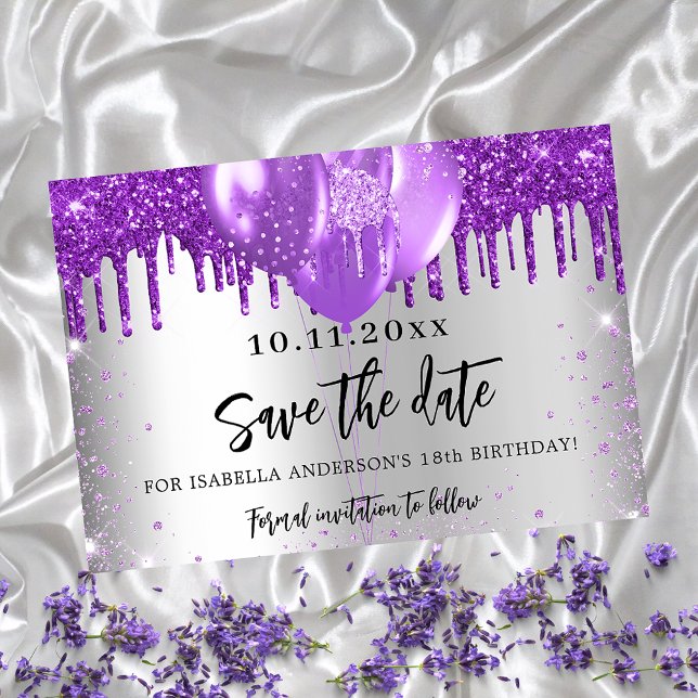 Silver purple balloons glitter birthday party save the date (Creator Uploaded)