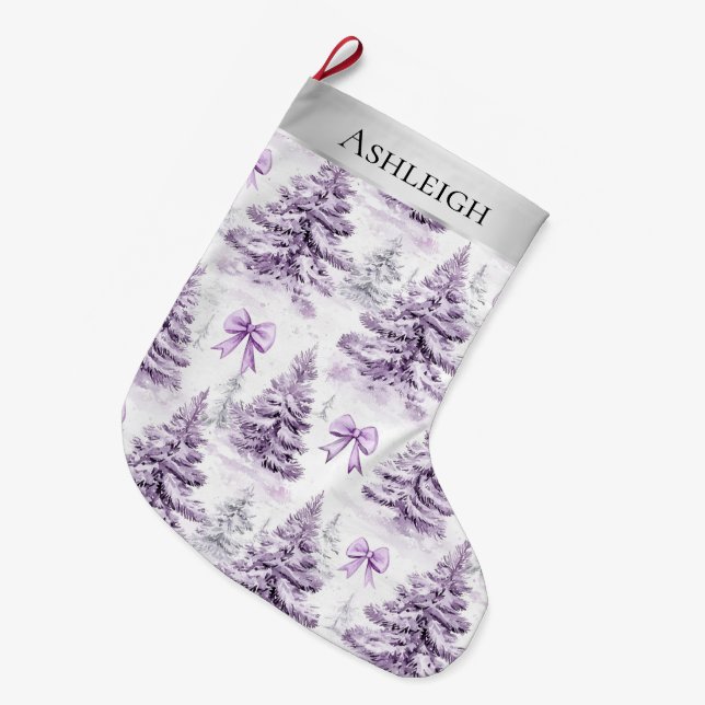 Silver Purple Christmas Trees Bows Large Christmas Stocking (Front (Hanging))